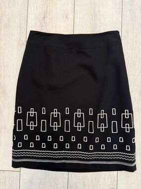 ANNE TAYLOR LOFT Black Skirt with White Geometric Embroidery, 4P